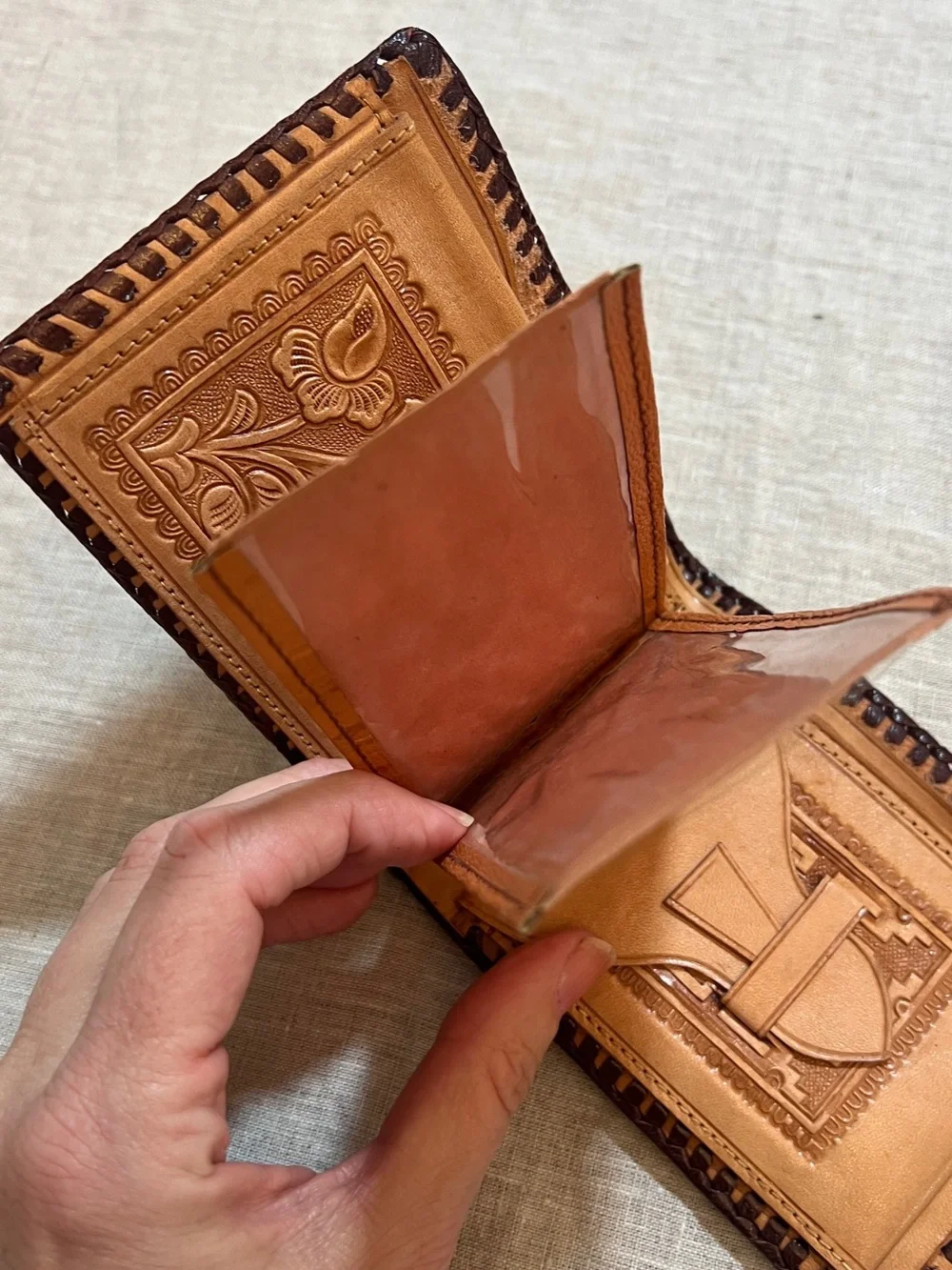 Hand-Tooled Leather Bifold Wallet - Tan with Dark Brown Trim